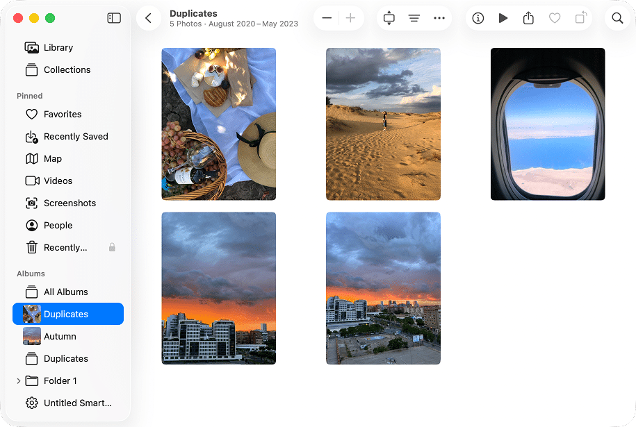 Photos library app with Duplicates album in sidebar