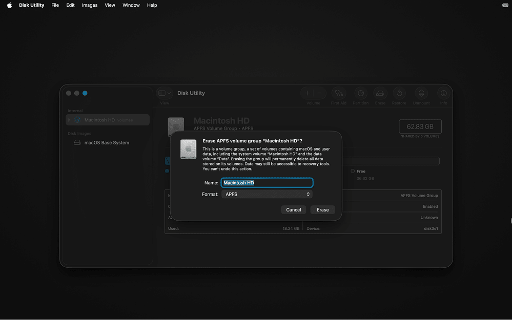 Disk Utility and warning window on disk erase operation