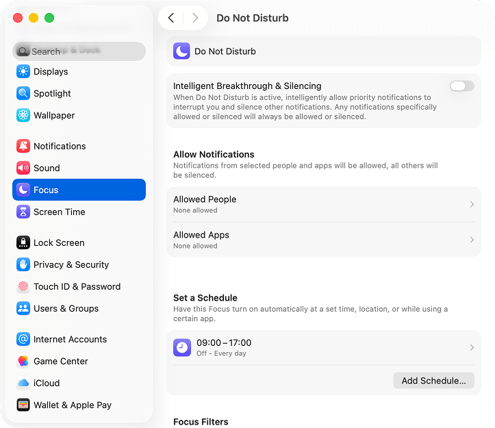 the Do Not Disturb parameters in the Focus settings of macOS Tahoe