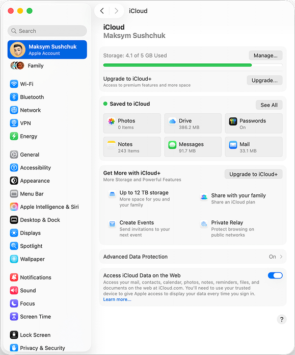 iCloud settings in macOS