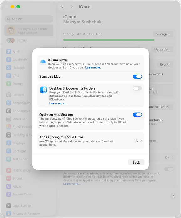 iCloud drive settings in macOS