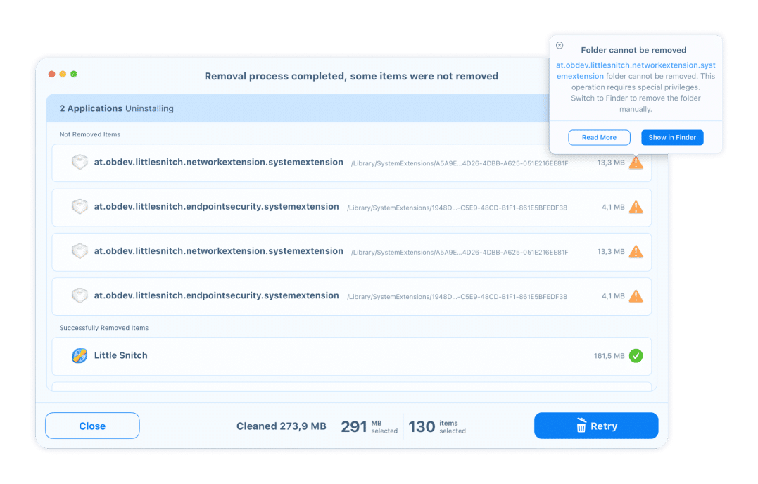 A warning in App Cleaner & Uninstaller regarding an unremoved folder