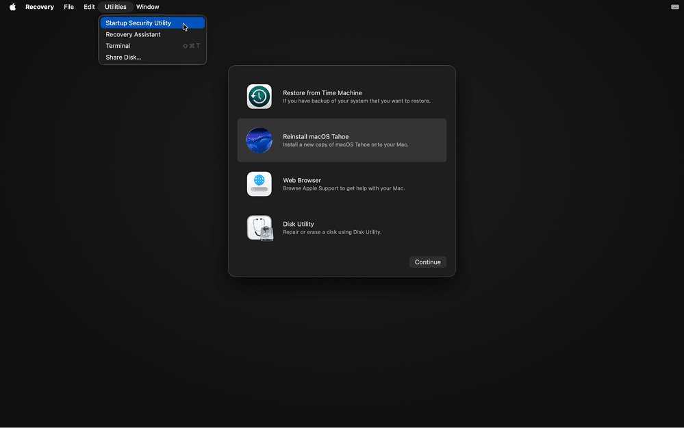 The Utilities menu in the Recovery mode