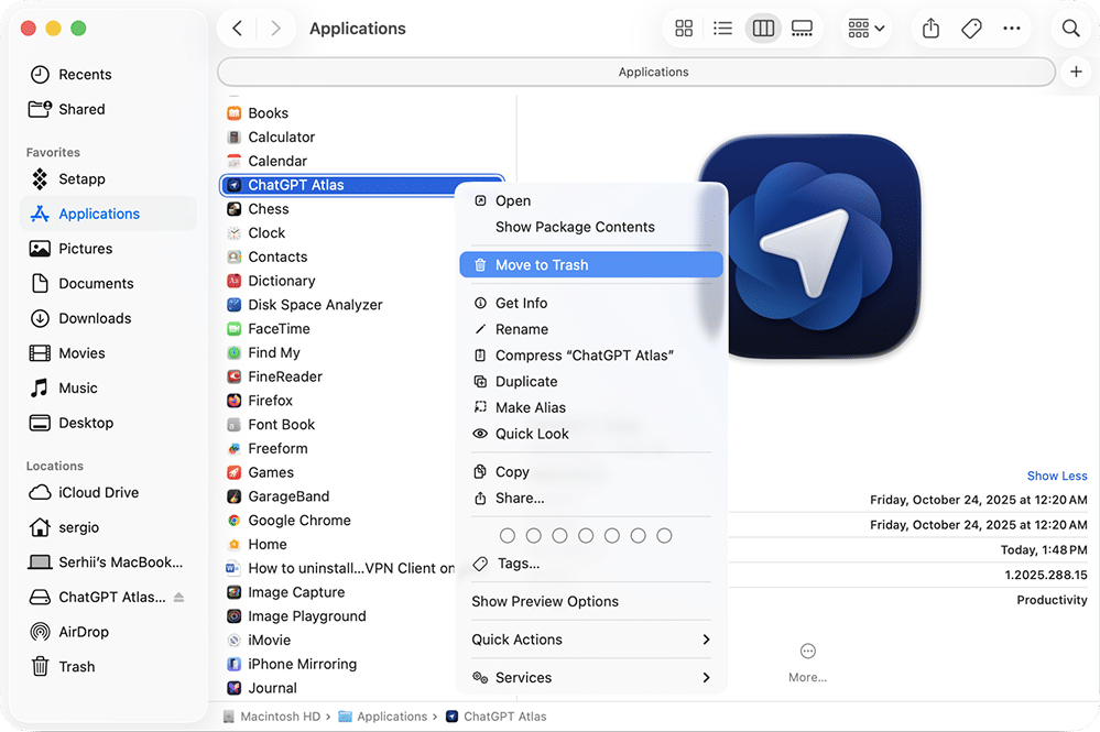 ChatGPT Atlas in Applications folder
