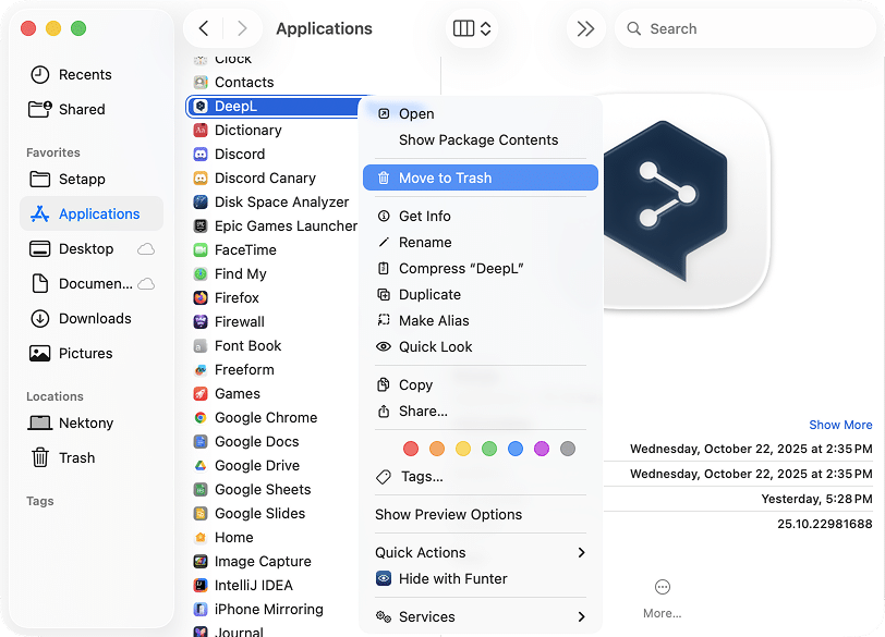 DeepL in Applications folder
