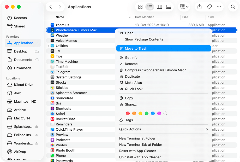 Wondershare Filmora in Finder