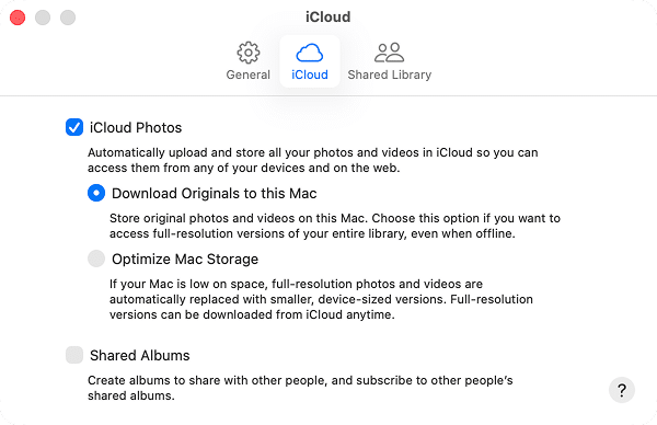 Photos settings window