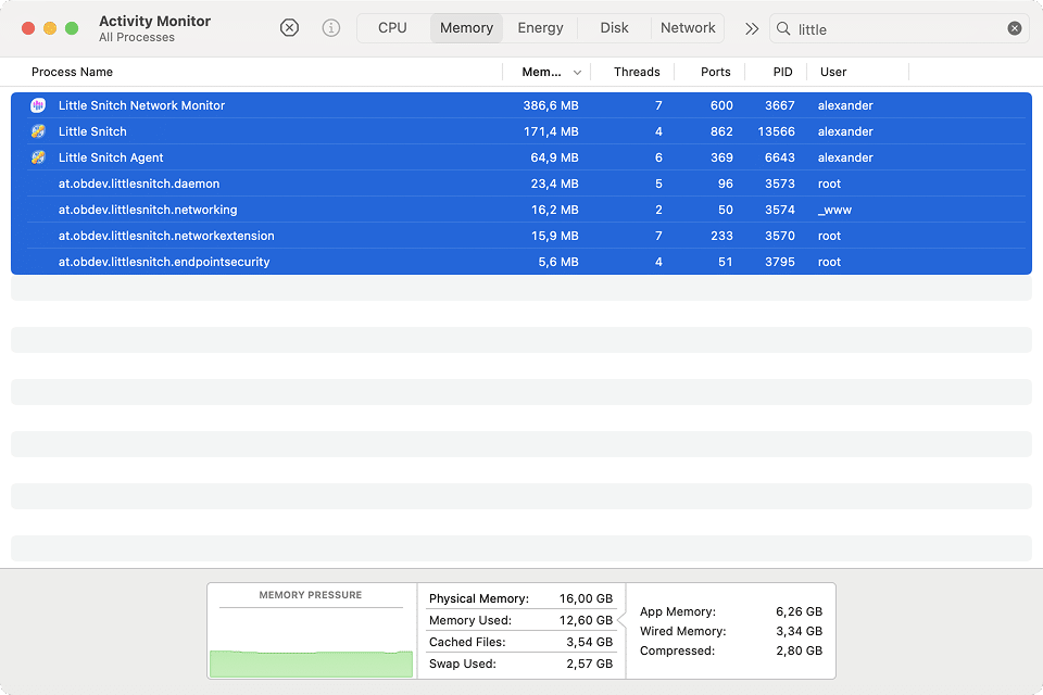 Activity Monitor with Little Snitch-related processes