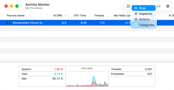 Filmora in Activity Monitor