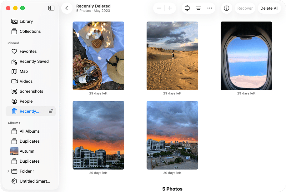 Photos app with recently deleted album highlighted