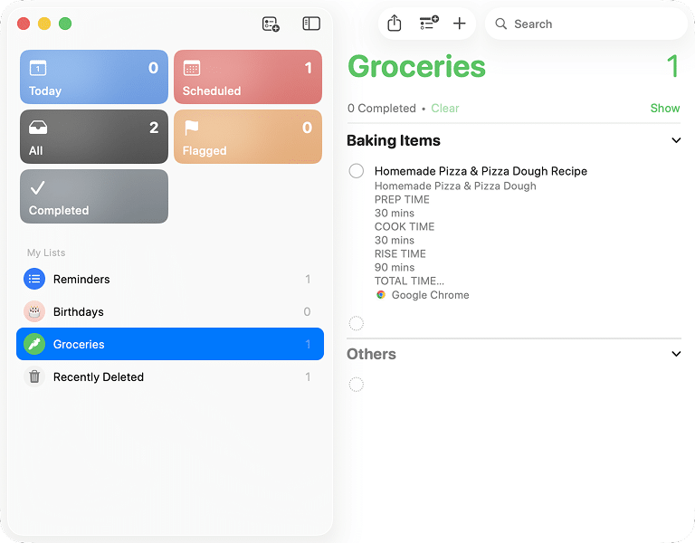 the Reminders app with an automatically created Reminder