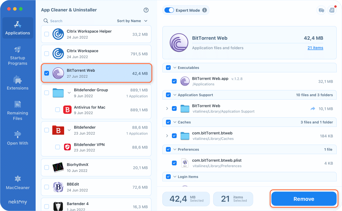 App Cleaner & Uninstaller showing BitTorrent