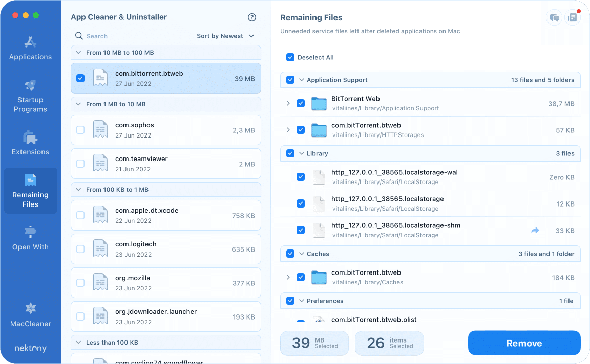 App Cleaner & Uninstaller showing BitTorrent remaining files