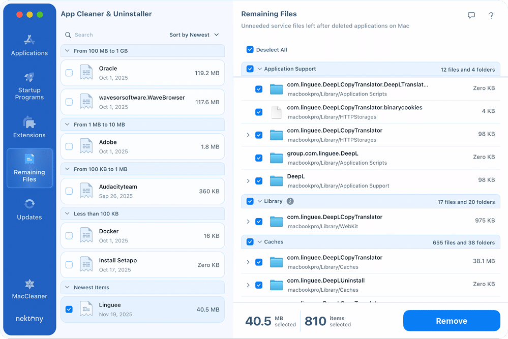 DeepL leftovers in App Cleaner & Uninstaller