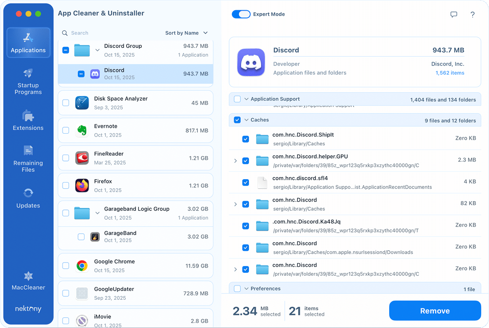 Discord caches in App Cleaner & Uninstaller