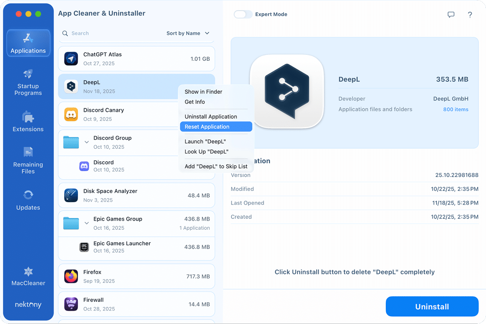 Right-click on DeepL in App Cleaner & Uninstaller