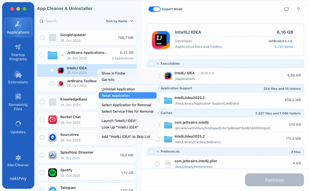 Reset IntelliJ in App Cleaner & Uninstaller