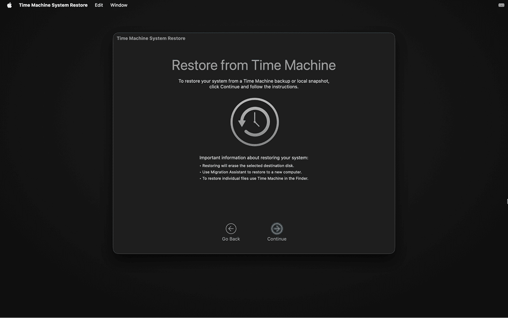 The macOS system restoration process initialized
