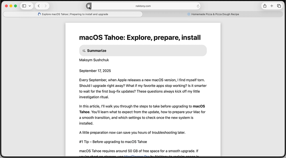 The new Summarize app in the Reader mode of Safari