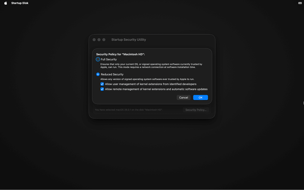 Security Policy options for the system disk in Recovery mode