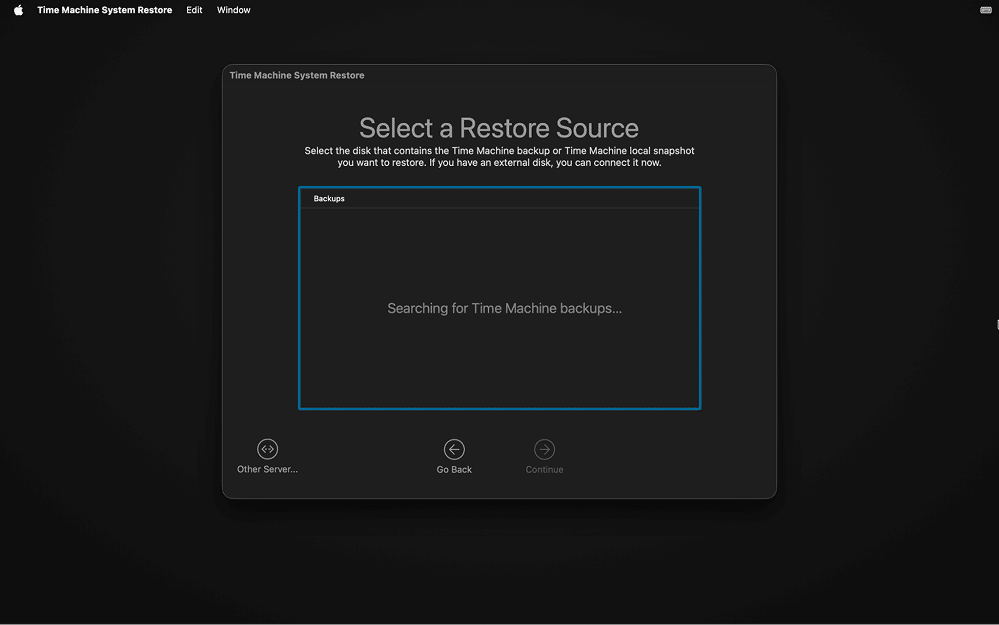 the Time Machine System Restore screen