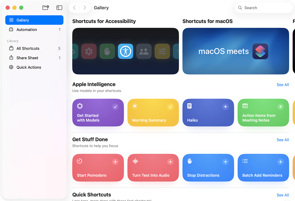 the main window of the Shortcuts app in macOS Tahoe