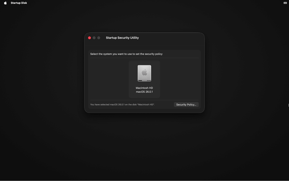 the Startup Security Utility interface