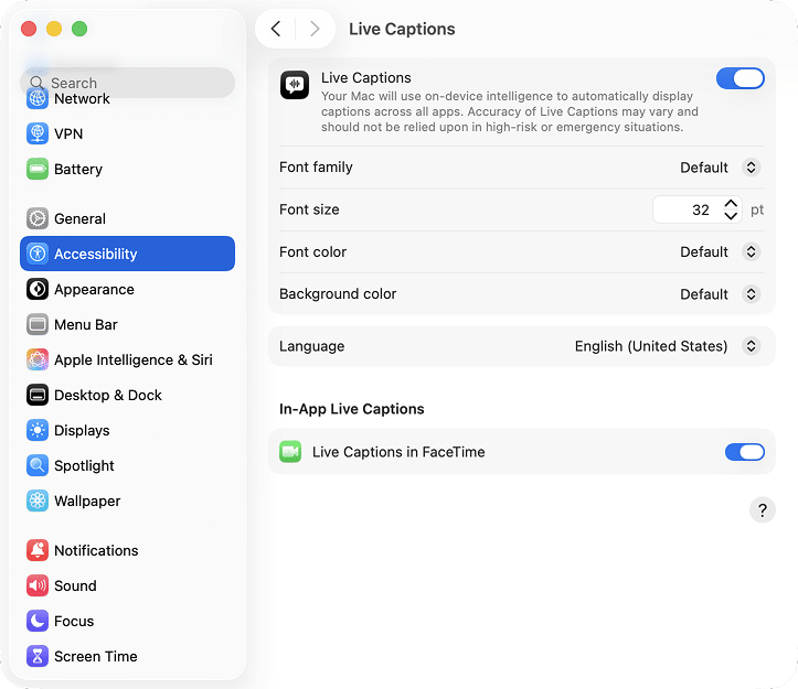 the Live Captions options in the Accessibility section of macOS Tahoe's System Settings