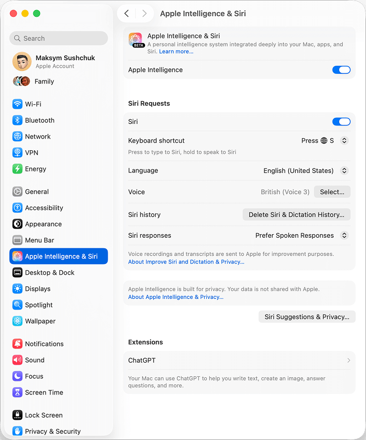 Apple Intelligence settings in macOS Tahoe