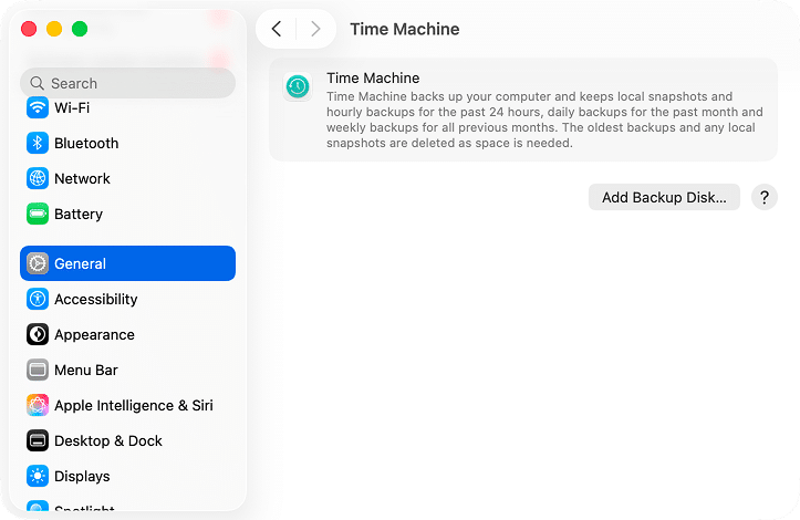 the Time Machine options in macOS' System Settings