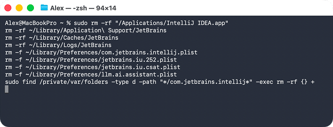 Terminal window with commands to delete IntelliJ