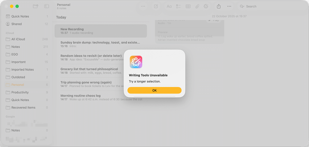 Writing Tools for Notes are available but often do not work as expected