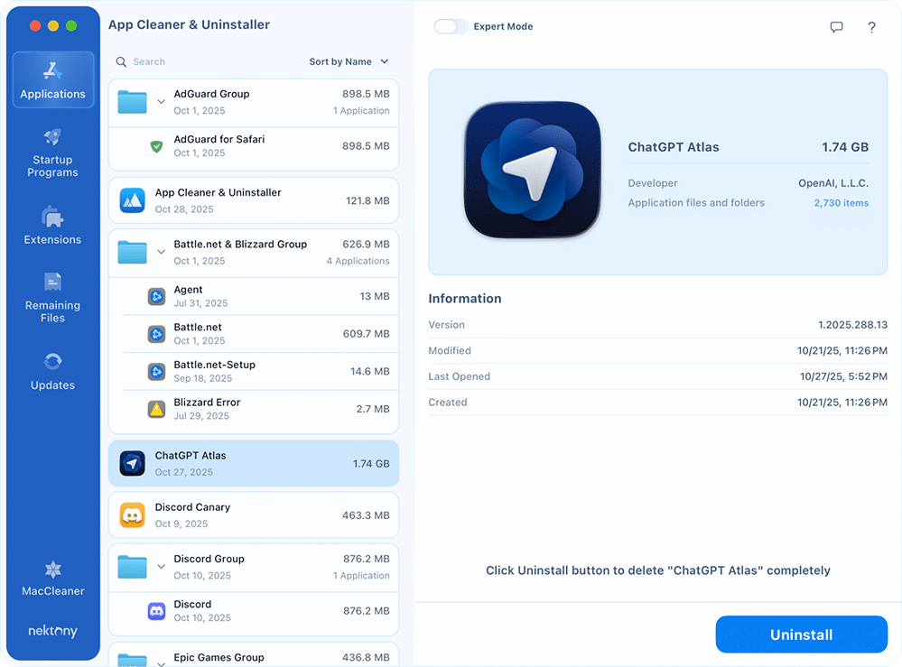 ChatGPT Atlas in App Cleaner & Uninstaller