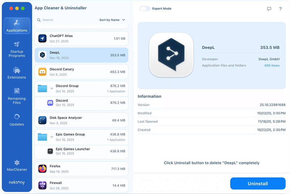 DeepL in App Cleaner & Uninstaller