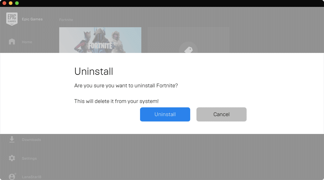 Uninstall confirmation in Epic Games Launcher