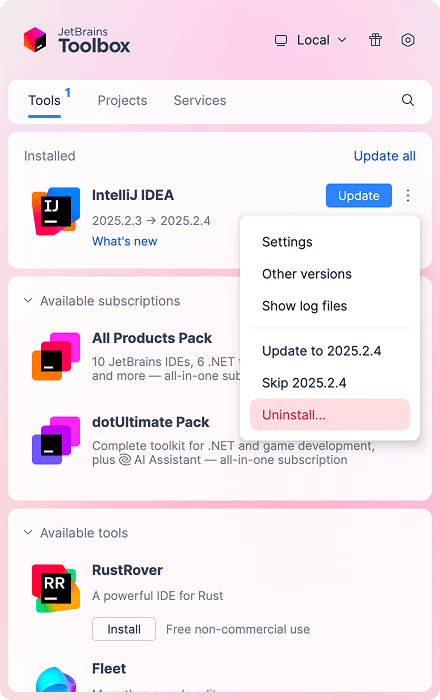 IntelliJ in the Toolbox window