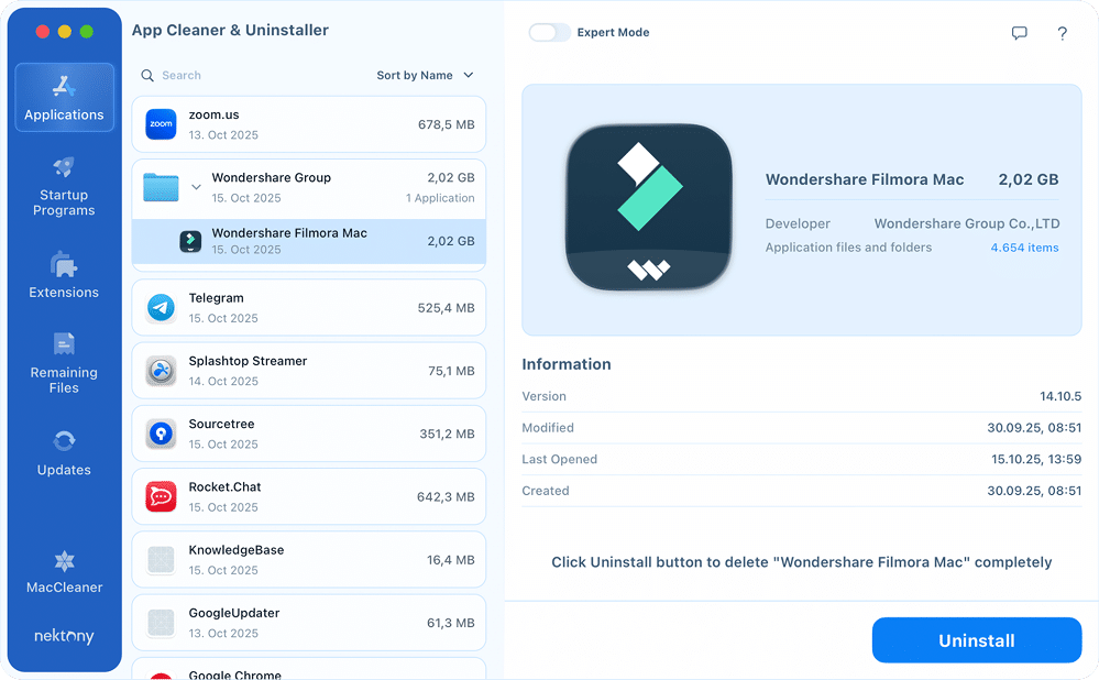 Wondershare Filmora in App Cleaner & Uninstaller