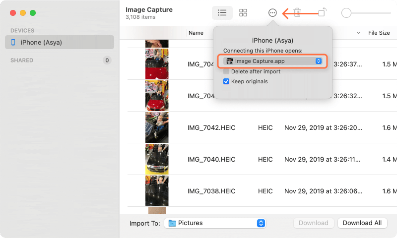 image capture showing option to open application with iPhone