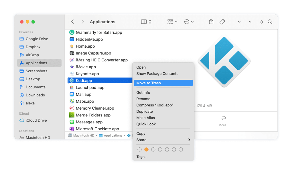 removing Kodi from the Applications folder