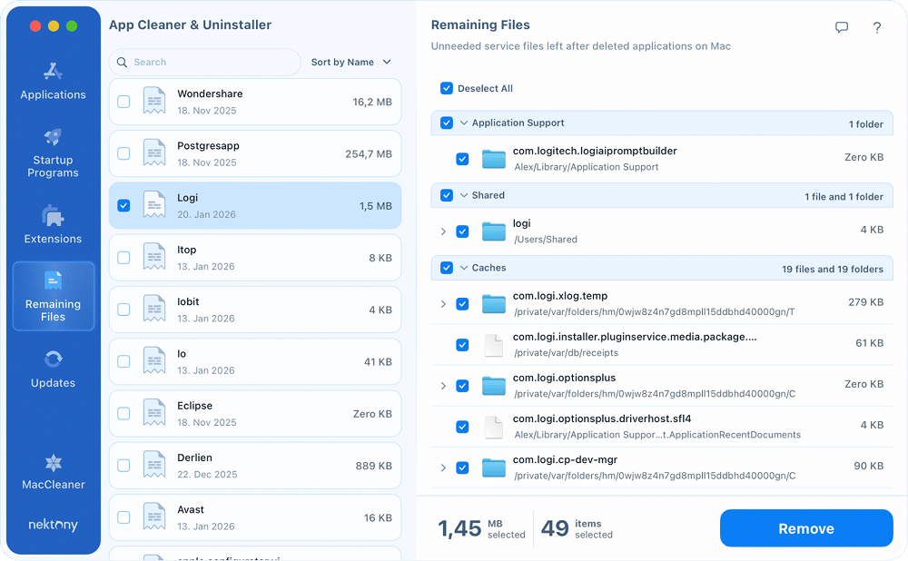 Logi Options+ remaining files in App Cleaner & Uninstaller