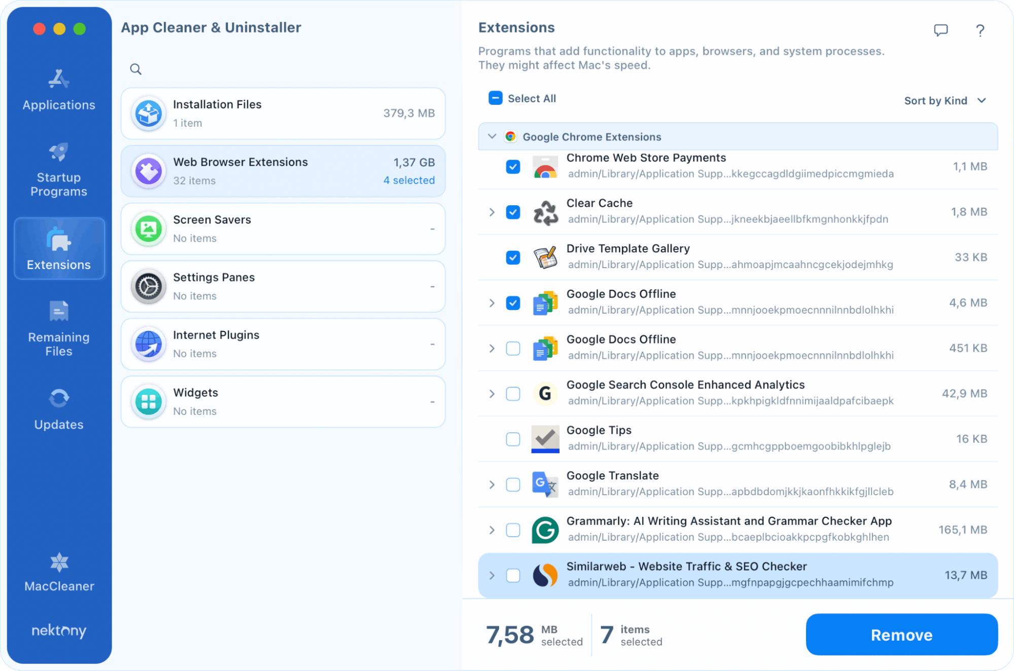 app cleaner uninstaller showing how to remove extensions