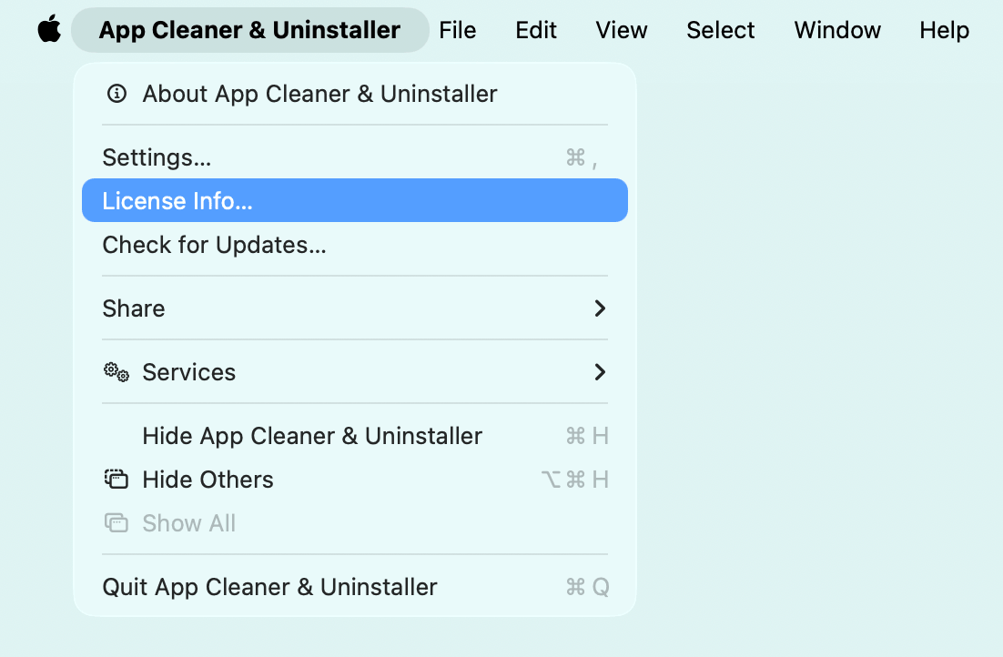 app cleaner uninstaller menu with license info command selected