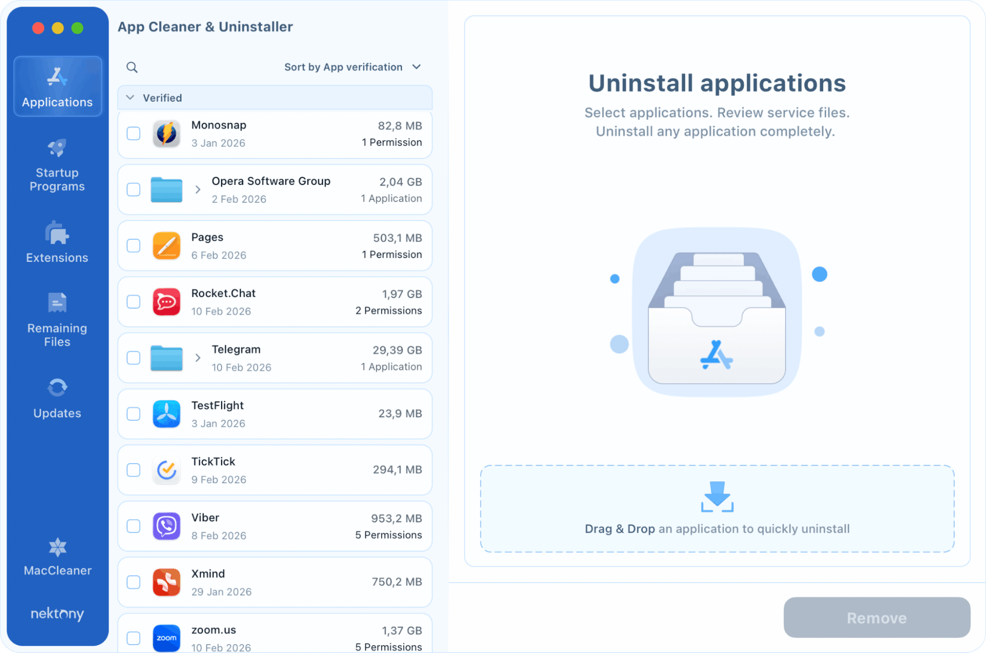 App Cleaner & Uninstaller window with the list of installed apps on a Mac