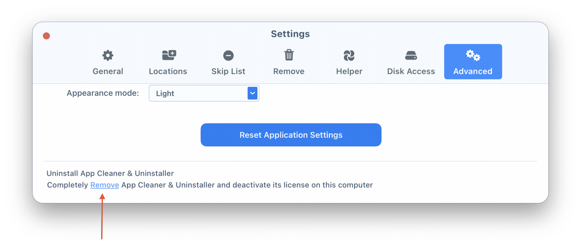 Removal option in the uninstaller's settings