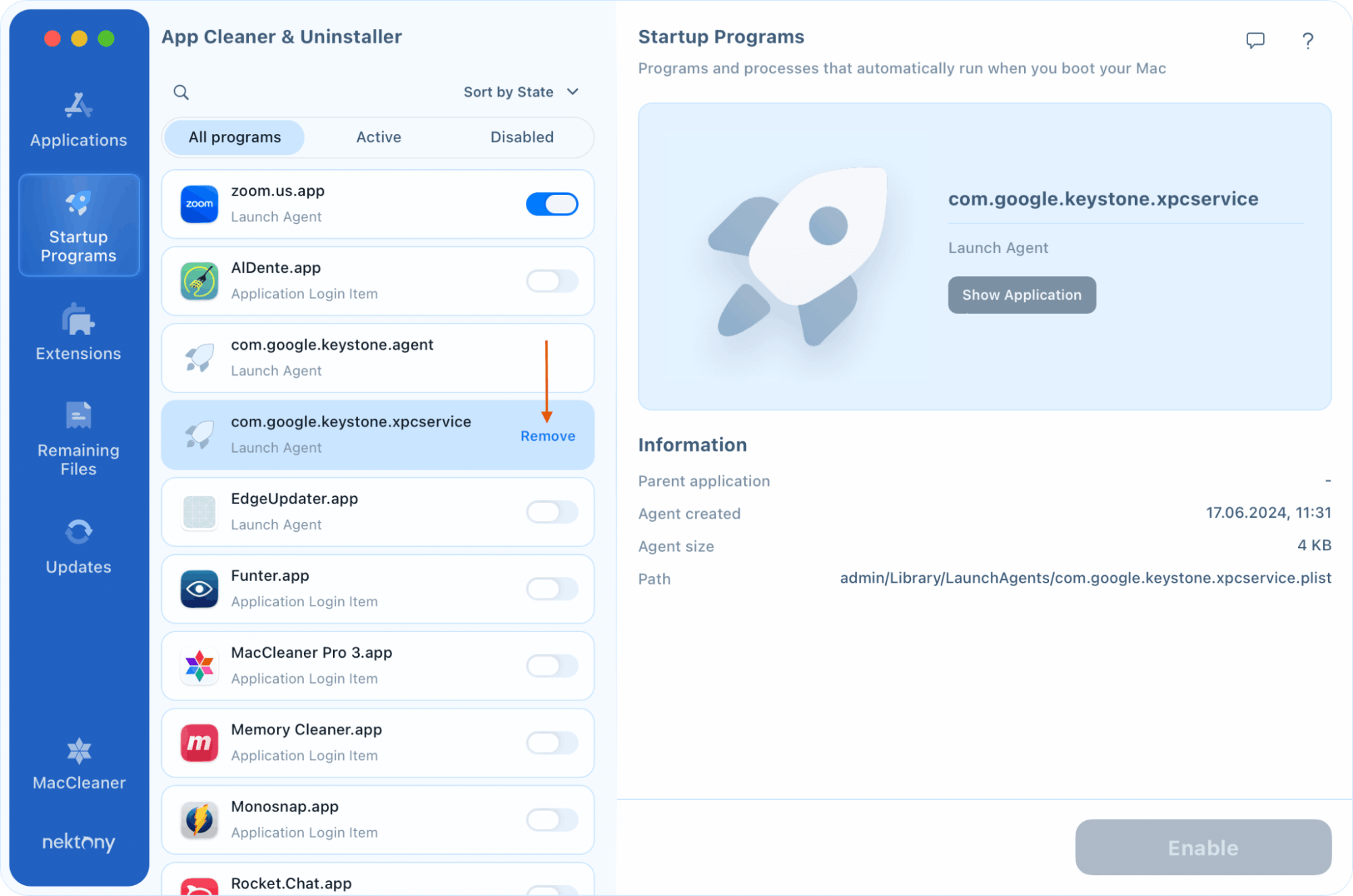 App Cleaner Uninstaller showing how to remove launch agent