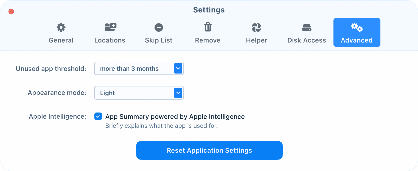Settings window showing the Advanced tab