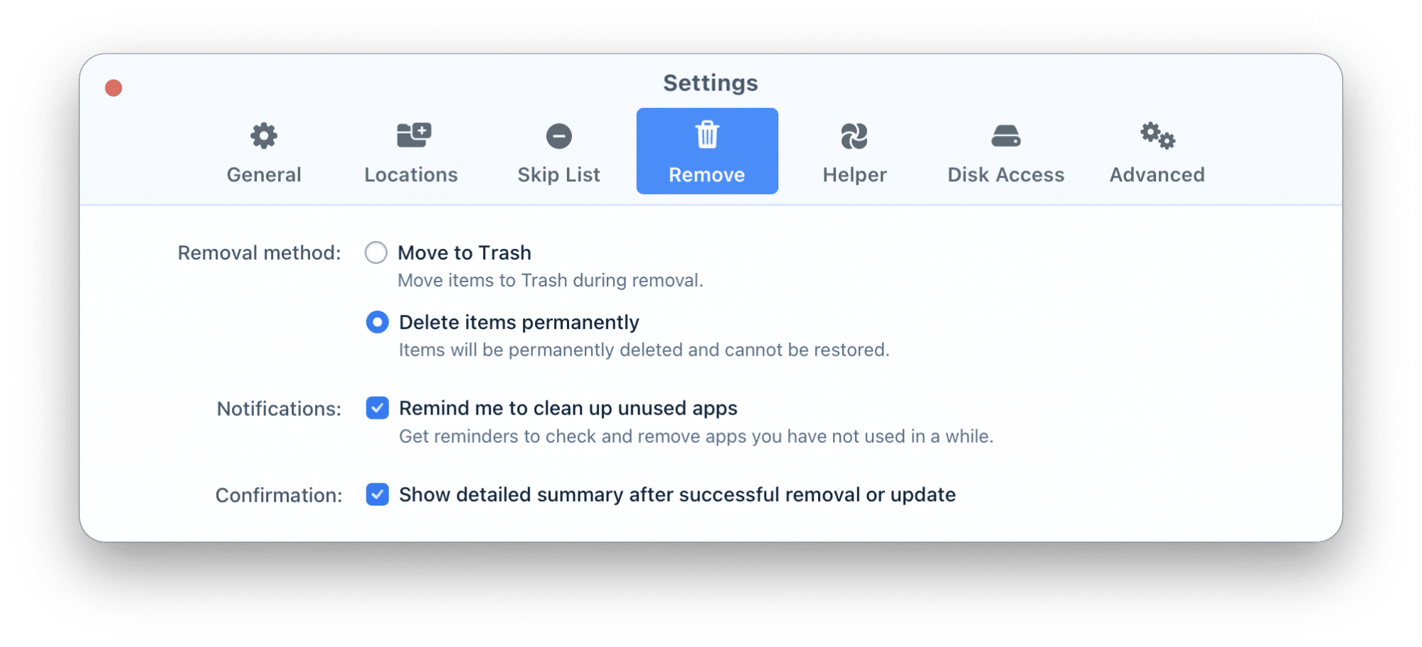 Removal settings in App Cleaner & Uninstaller