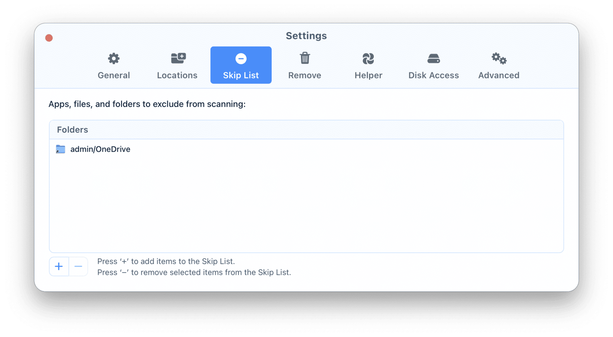 Settings window showing the Skip list tab