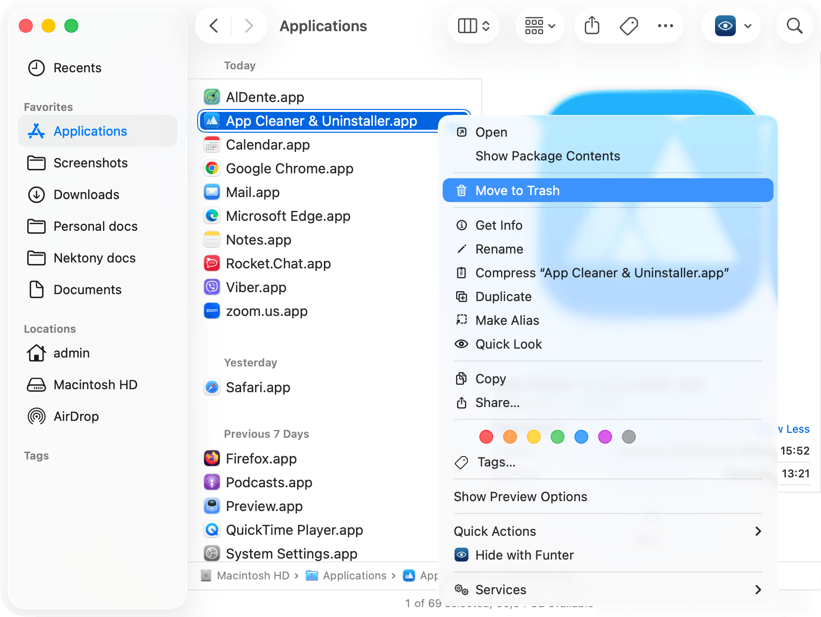 removing app cleaner uninstaller from the Applications folder