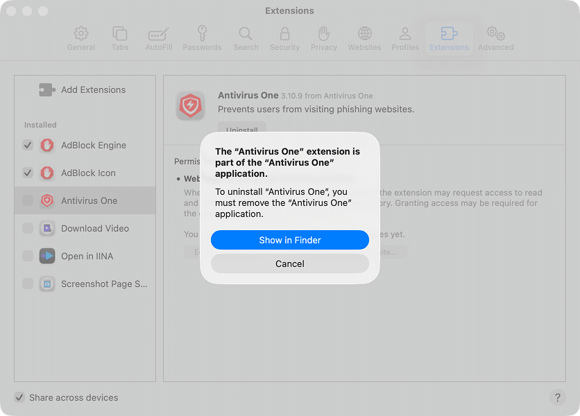 Click Show in Finder and remove extensions from there The warning about the browser extension in Safari